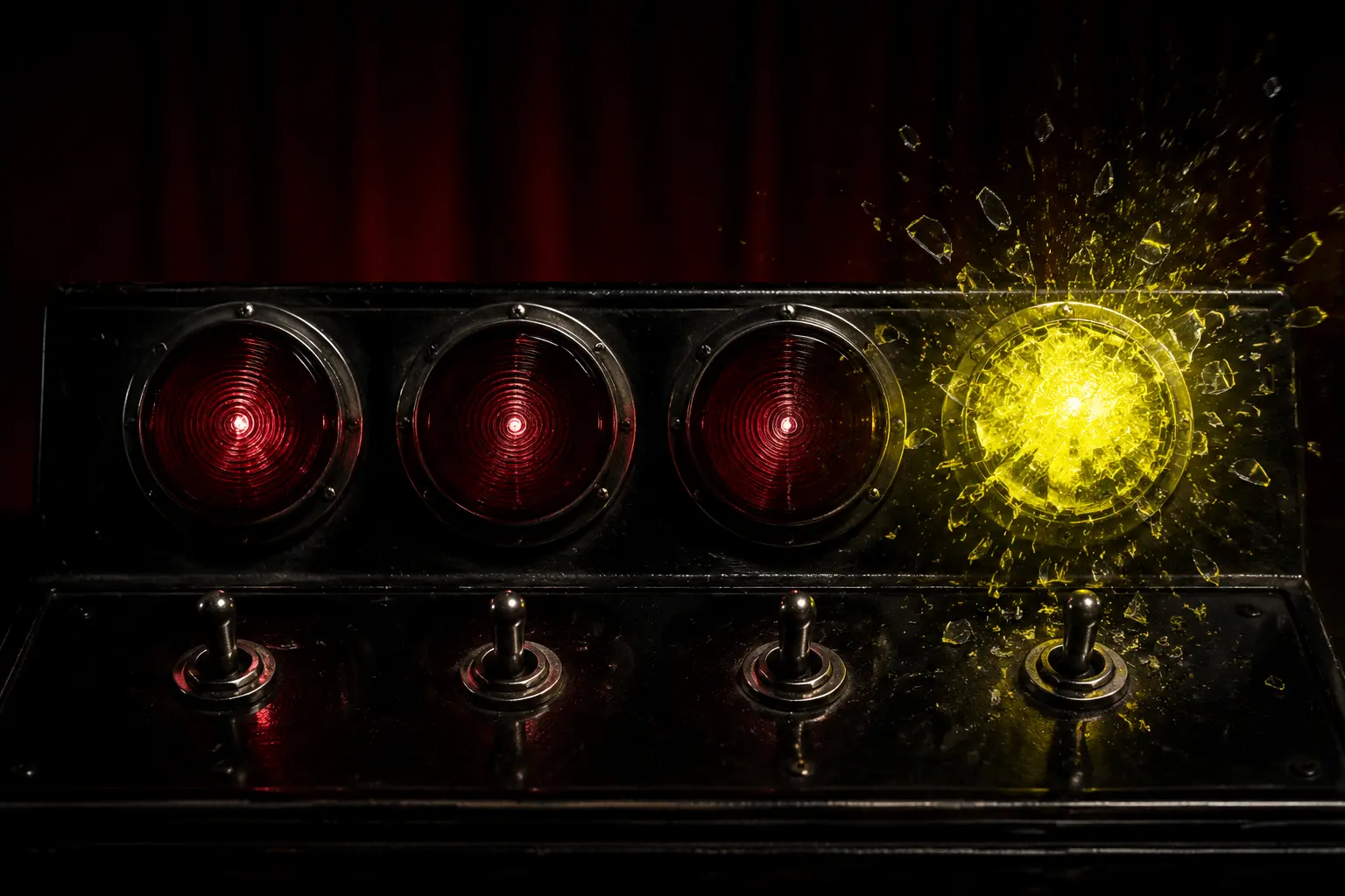 A sequence of theatre cue lights ending in a bright punchline flash