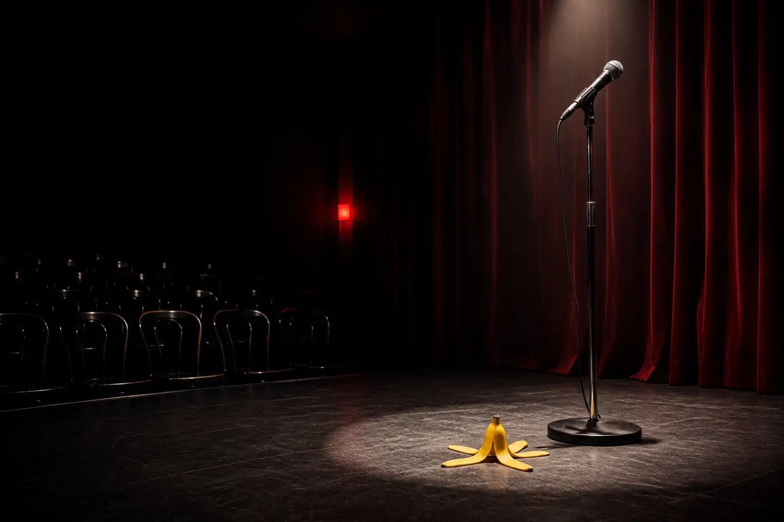 An empty black-box comedy stage with a microphone and banana peel under a spotlight